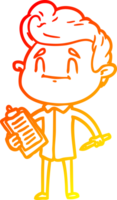 warm gradient line drawing of a happy cartoon man with pen and clipboard png