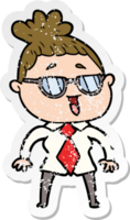 distressed sticker of a cartoon happy woman wearing spectacles png