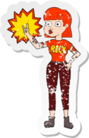 retro distressed sticker of a cartoon rock girl png