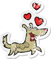 distressed sticker of a cartoon dog with love hearts png