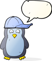 mão desenhado discurso bolha desenho animado pinguim vestindo chapéu png