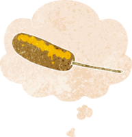 cartoon hotdog on a stick with thought bubble in grunge distressed retro textured style png