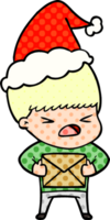hand drawn comic book style illustration of a stressed man wearing santa hat png