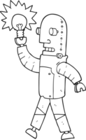 hand drawn black and white cartoon robot with light bulb png