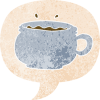 cartoon hot cup of coffee with speech bubble in grunge distressed retro textured style png