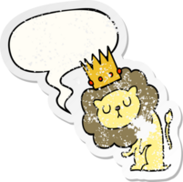 cartoon lion with crown with speech bubble distressed distressed old sticker png