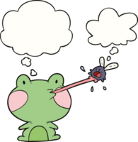 rana de dibujos animados atrapando moscas con burbuja de pensamiento png