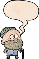 antiguo dibujos animados hombre con caminando palo y plano gorra con habla burbuja en retro textura estilo png