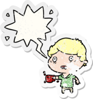 cartoon man jittery from drinking too much coffee with speech bubble distressed distressed old sticker png