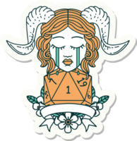 sticker of a crying tiefling with natural one D20 dice roll png