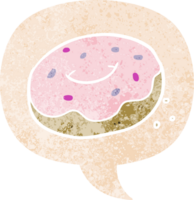 cartoon donut with speech bubble in grunge distressed retro textured style png