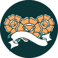 ícone de estilo de tatuagem com banner de um buquê de flores png