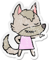 distressed sticker of a friendly cartoon wolf girl pointing png