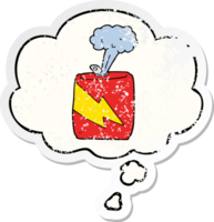 cartoon soda can with thought bubble as a distressed worn sticker png