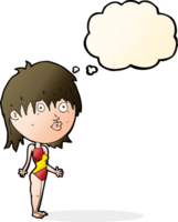 cartoon woman in swimsuit shrugging shoulders with thought bubble png