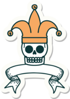 tattoo style sticker with banner of a skull jester png