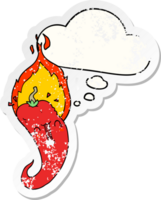 cartoon flaming hot chili pepper with thought bubble as a distressed worn sticker png