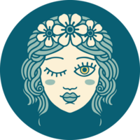 iconic tattoo style image of a maidens face winking png