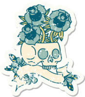 worn old sticker with banner of a skull and roses png