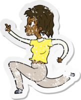 adesivo retrô angustiado de uma mulher de desenho animado correndo e apontando png