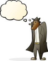 cartoon man in hat and trench coat with thought bubble png