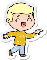 distressed sticker of a cartoon laughing man pointing png