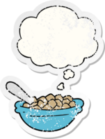 cartoon cereal bowl with thought bubble as a distressed worn sticker png