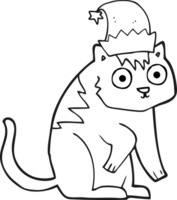 hand drawn black and white cartoon cat wearing christmas hat png