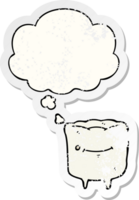 cartoon happy tooth with thought bubble as a distressed worn sticker png