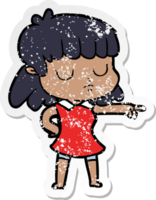 distressed sticker of a cartoon indifferent woman pointing png