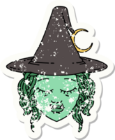 grunge sticker of a half orc witch character face png