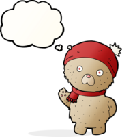 cartoon teddy bear in winter hat and scarf with thought bubble png