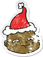 hand drawn distressed sticker cartoon of a bald man wearing santa hat png