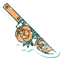 iconic distressed sticker tattoo style image of a dagger and flowers png