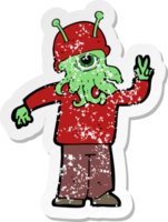 retro distressed sticker of a cartoon space alien png