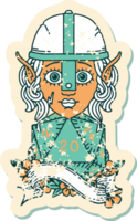 personnage de combattant elfe de style tatouage rétro avec un rouleau de vingt dés naturel png