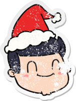Hand gezeichnet betrübt Aufkleber Karikatur von ein männlich Gesicht tragen Santa Hut png