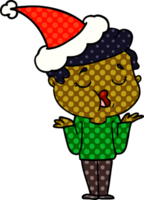 main tiré bande dessinée livre style illustration de une homme parlant et haussant les épaules épaules portant Père Noël chapeau png