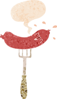 cartoon happy sausage on fork with speech bubble in grunge distressed retro textured style png