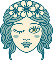 iconic tattoo style image of a maidens face winking png