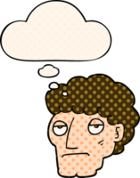 cartoon bored man with thought bubble in comic book style png