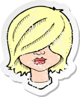 retro distressed sticker of a cartoon female face png