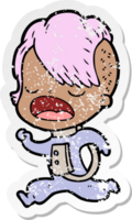 distressed sticker of a cartoon cool hipster girl in space suit png