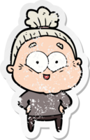 distressed sticker of a cartoon happy old woman png