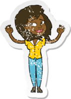 retro distressed sticker of a cartoon woman giving up png