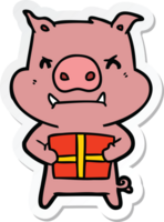 autocollant d'un cochon de dessin animé en colère avec un cadeau de Noël png