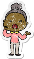 distressed sticker of a cartoon angry old woman png