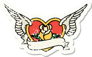 traditional distressed sticker tattoo of a flying heart with flowers and banner png