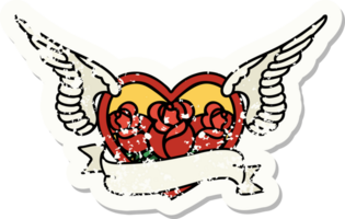 traditional distressed sticker tattoo of a flying heart with flowers and banner png