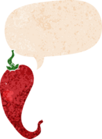 Pimienta de chile de dibujos animados y burbuja del habla en estilo retro texturizado png